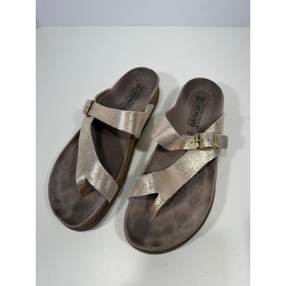 Mephisto helen 12.5 43 Metallic Gold Leather Cork Slide Sandals Womens Toe Loop